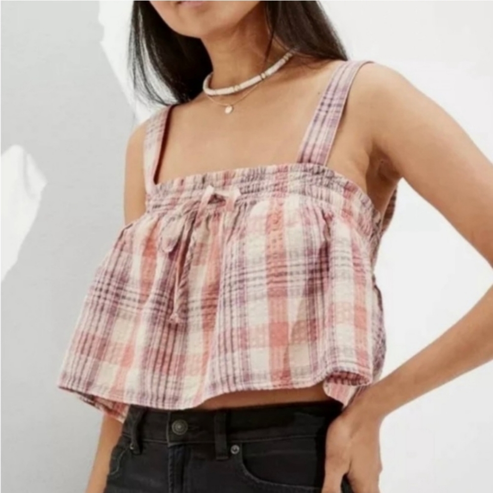 American Eagle Plaid Swing Top Cropped Linen Blend Cotton Medium Sleeveless New